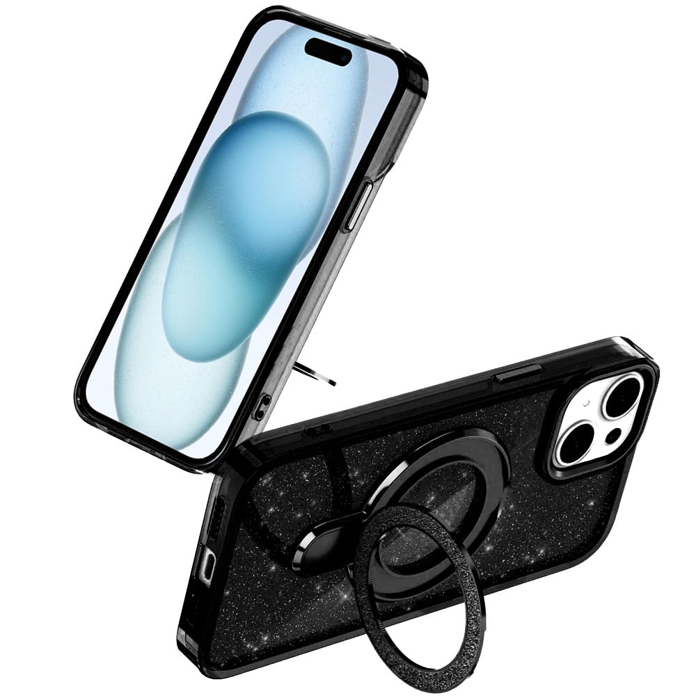 For iPhone 15 Plus (6.7") Transparent Glitter Bling Case with Rotating Magnetic Ring Stand, Shockproof Hybrid Case Cover Cosmic Orange