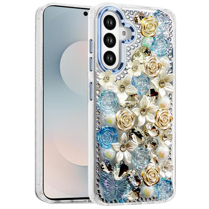 For Samsung Galaxy S25 FE, S25 Fan Edition 3D Diamond Floral Roses Flower Bling Stone Hybrid, Sparkly Rhinestone Gemstone Back Shockproof Case Cover Blue