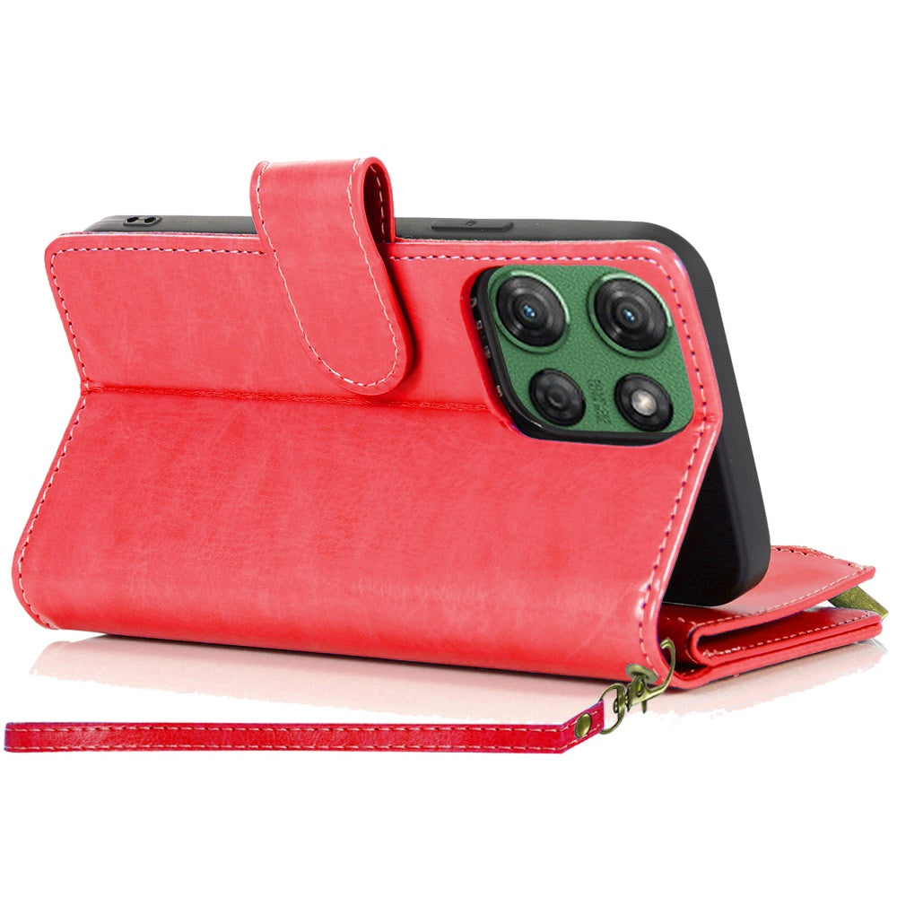 For Motorola Moto G Stylus 5G 2025 Leather Wallet Case with Zipper, 9 Card Slots, Cash Pocket, Stand & Strap, Clutch Pouch Design Case Cover Red