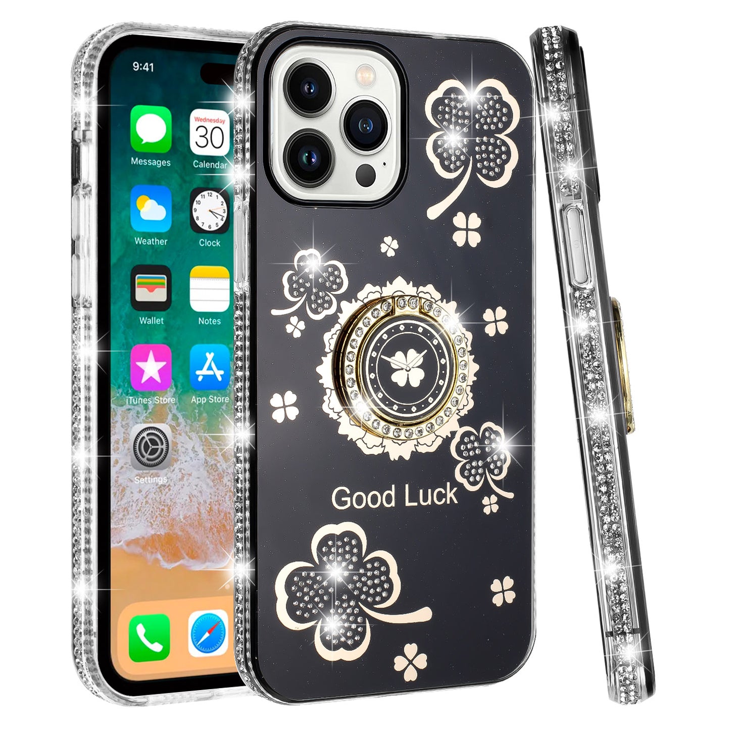 For Apple iPhone 16 Pro (6.3") Diamonds Bling All Around Edges Sparkly Glitter Hybrid with Ring Stand Holder Fashion Good Luck Case Cover