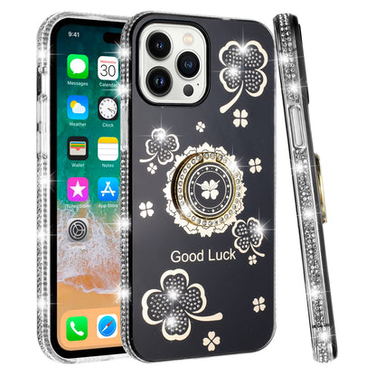 For Apple iPhone 16 Pro (6.3") Diamonds Bling All Around Edges Sparkly Glitter Hybrid with Ring Stand Holder Fashion Good Luck Case Cover