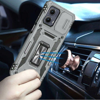 Phone Case for Motorola Edge 2024 Tough Metal Ring Shockproof Sliding Camera Window Hybrid Armor Rugged Anti Slip Heavy Duty Grip Cover Gray