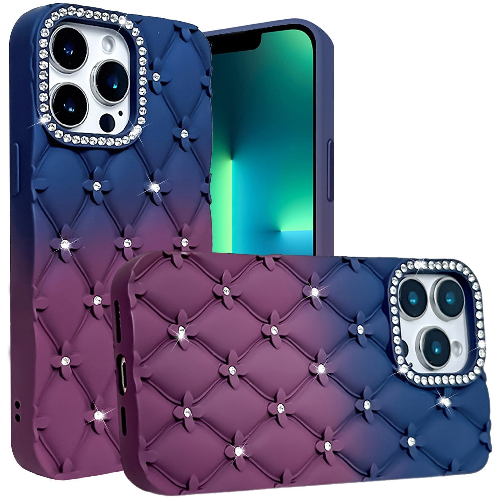 For Apple iPhone 13 Pro Fashion Flower Design Sparkle Glitter Shimmer Rhinestone Bling Floral Accents, Leather Texture TPU Case Cover Dark Blue/Burgundy