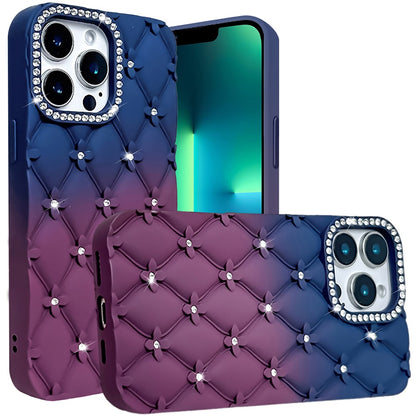 For Apple iPhone 13 Pro Fashion Flower Design Sparkle Glitter Shimmer Rhinestone Bling Floral Accents, Leather Texture TPU Case Cover Dark Blue/Burgundy
