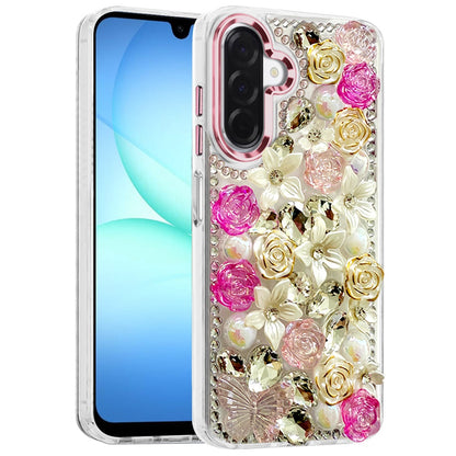 For Samsung Galaxy A37 3D Diamond Floral Roses Flower Bling Stone Hybrid, Sparkly Rhinestone Gemstone Back Shockproof Case Cover