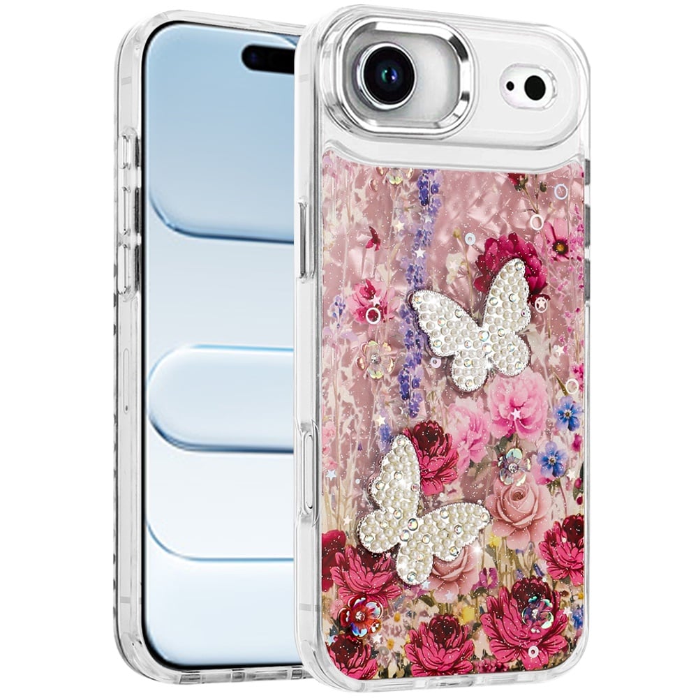 For Apple iPhone 17 Air (6.6") Epoxy Glitter Flowers Bling 3D Butterfly Fashion TPU Hybrid with Shockproof Protection Case Cover