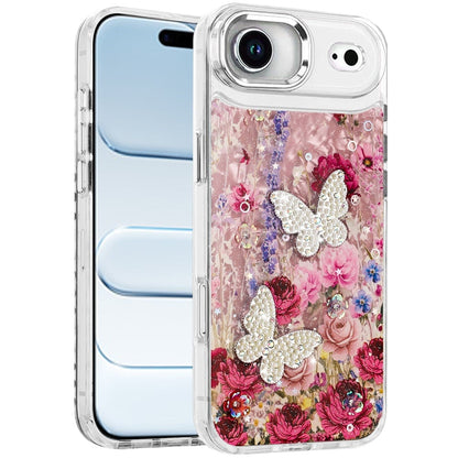 For Apple iPhone 17 Air (6.6") Epoxy Glitter Flowers Bling 3D Butterfly Fashion TPU Hybrid with Shockproof Protection Case Cover