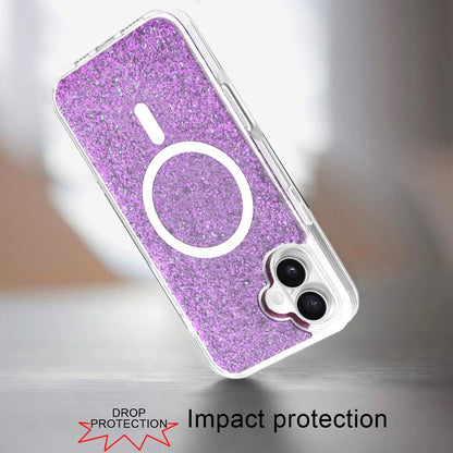 For Apple iPhone 16 (6.1") Magnetic MagSafe Wireless Compatible Epoxy Glitter Shiny Sparkle Bling Hybrid Slim PC + TPU Frame Case Cover