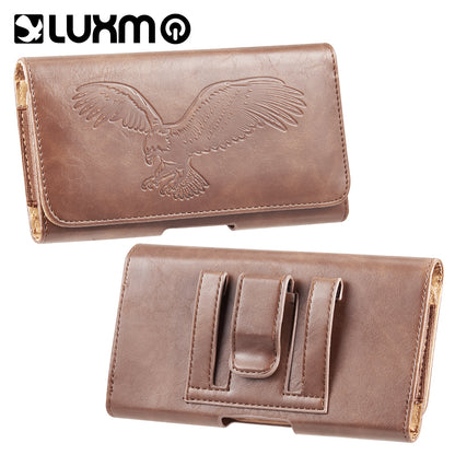 For Apple iPhone 16 Pro (6.3") Universal Horizontal Leather Phone Case with Embossed American Eagle Pouch Belt Clip Holster & Magnetic Pouch [Brown]