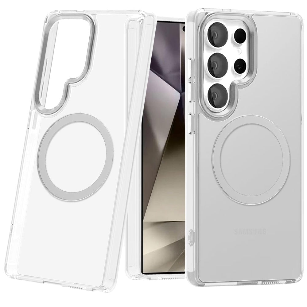 For Samsung Galaxy S25 Ultra Transparent Back Hybrid Case - Magnetic Circle, Color Frame, Metal Buttons, MagSafe Compatible Case Cover