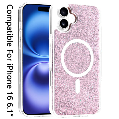 For Apple iPhone 16 (6.1") Magnetic MagSafe Wireless Compatible Epoxy Glitter Shiny Sparkle Bling Hybrid Slim PC + TPU Frame Case Cover