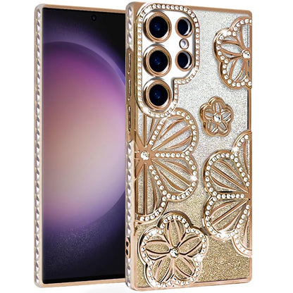 For Samsung Galaxy S23 Ultra Luxury Flower Design Sparkle Glitter Diamond Rhinestone Shimmer Bling Plating Thick TPU Hard PC Case Cover