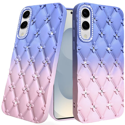 For Samsung Galaxy S25 EDGE Fashion Flower Design Sparkle Glitter Shimmer Rhinestone Bling Floral Accents, Leather Texture TPU Case Cover