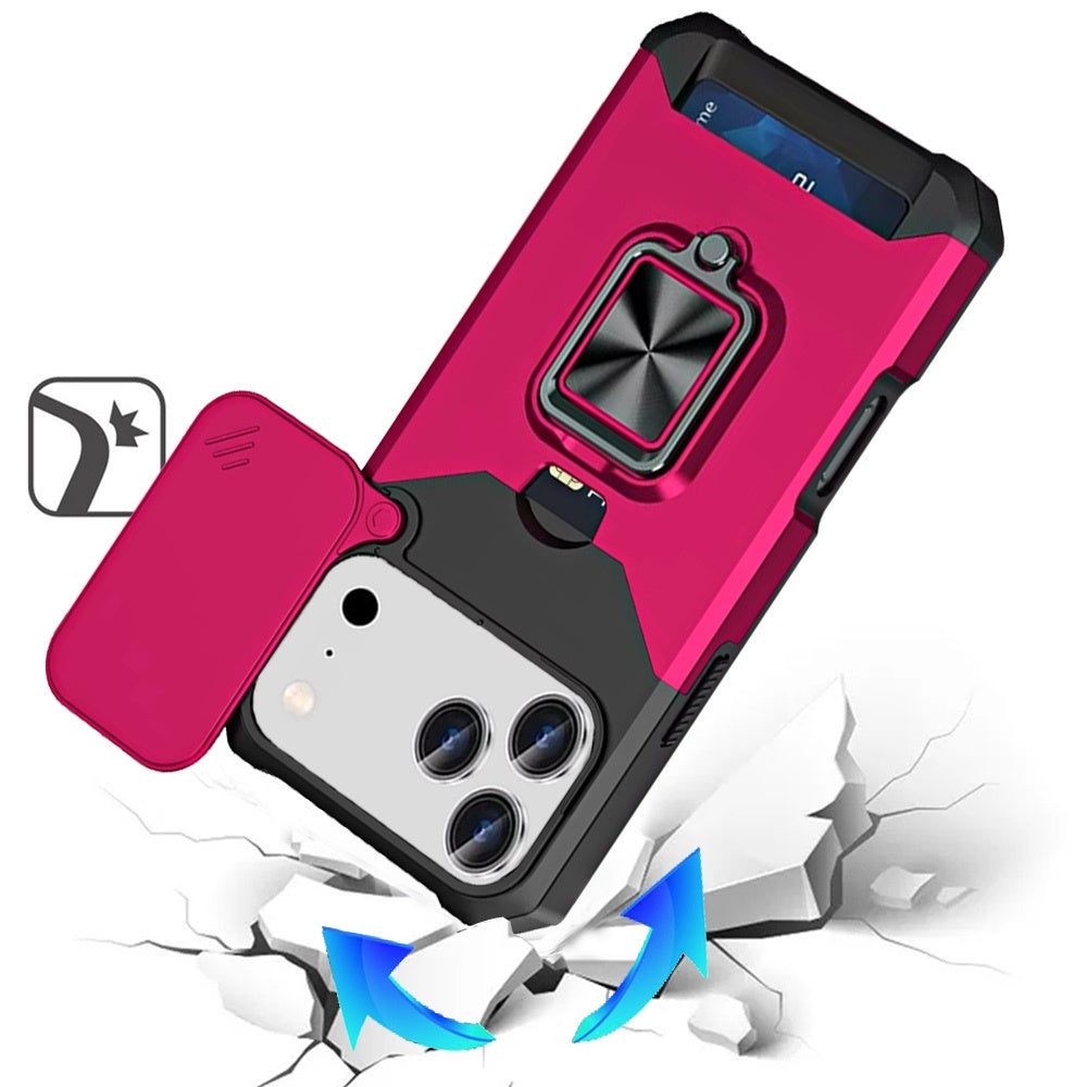 For Apple iPhone 17 Pro (6.3") Wallet Case with Ring Stand & Slide Camera Cover Back Credit Card Slot Holder, Military Grade Case Cover
