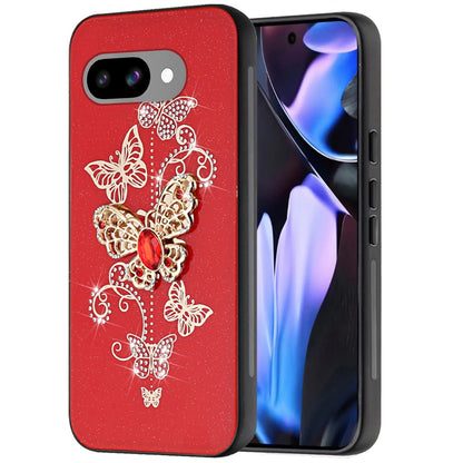 For Google Pixel 9A Diamonds 3D Fashion Bling Sparkly Glitter Ornaments Engraving Hybrid with Ring Stand Case Cover