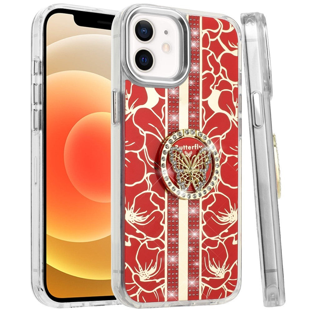 For Motorola Edge 2025 Diamonds 3D Butterfly Floral Design Bling Sparkly Glitter Hybrid Metal Fashion with Ring Stand Case Cover