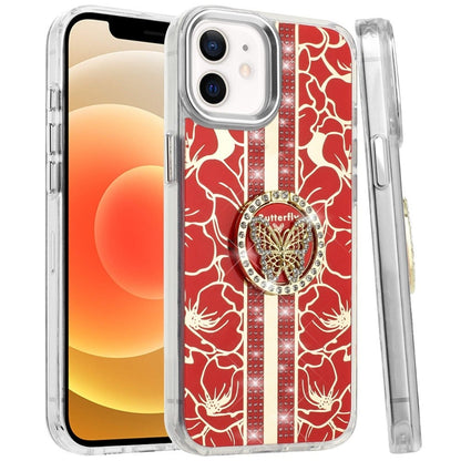 For iPhone 12 / iPhone 12 Pro (6.1") Diamonds 3D Butterfly Floral Design Bling Sparkly Glitter Hybrid Metal Fashion with Ring Stand Case Cover