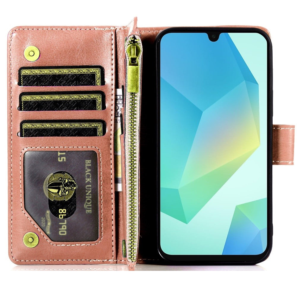 For Samsung Galaxy A16 5G PU Leather Zipper Wallet Case 9 Credit Card Slots Cash Money Pocket Clutch Pouch with Stand & Strap Case Cover Rose Gold
