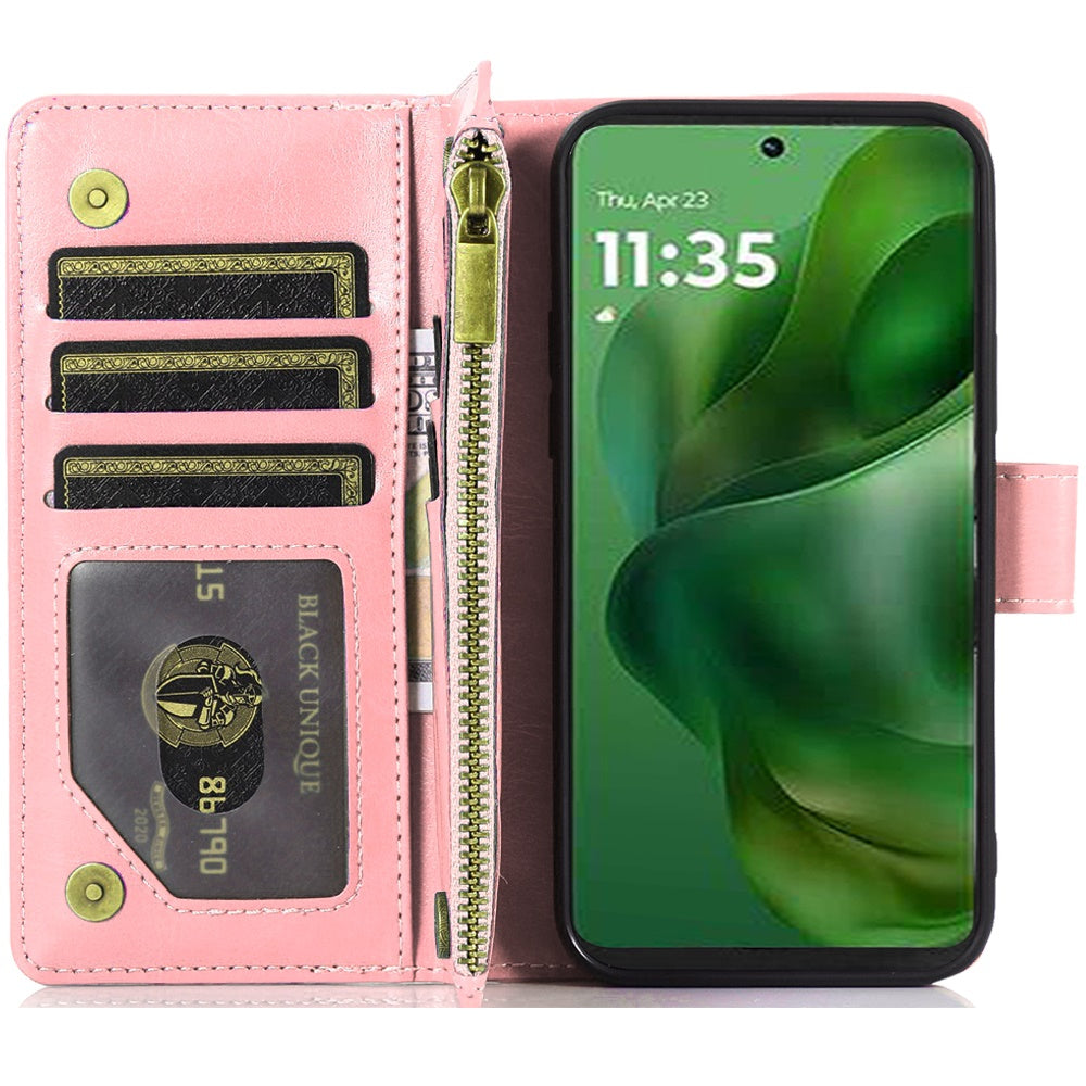 For Motorola Moto G Stylus 5G 2025 Leather Wallet Case with Zipper, 9 Card Slots, Cash Pocket, Stand & Strap, Clutch Pouch Design Case Cover Rose Gold