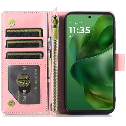 For Motorola Moto G Stylus 5G 2025 Leather Wallet Case with Zipper, 9 Card Slots, Cash Pocket, Stand & Strap, Clutch Pouch Design Case Cover Rose Gold