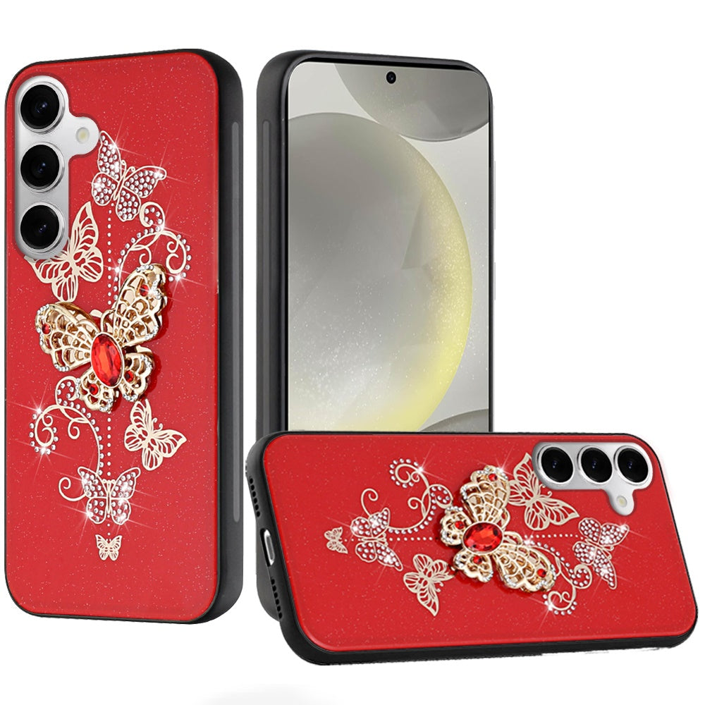 For Samsung Galaxy S22+ / S22 Plus Diamonds 3D Butterfly Bling Sparkly Glitter Ornaments Engraving Hybrid Metal Fashion Case Cover Red Garden Butterflies