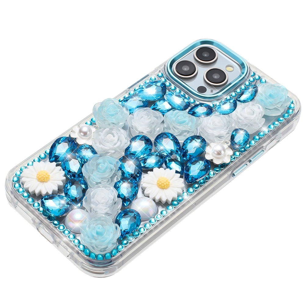 For Apple iPhone 12 Pro Max Fashion Daisy Floral Series, Full 3D Bling Crystal Diamonds Sparkling Rhinestone Glitter Hybrid Design Case Cover Black