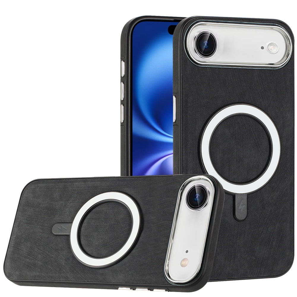 For Apple iPhone 17 AIR Fashion PU Vegan Leather Chrome Edge Hybrid, MagSafe Compatible, Durable TPU Hard PC Case Cover Black