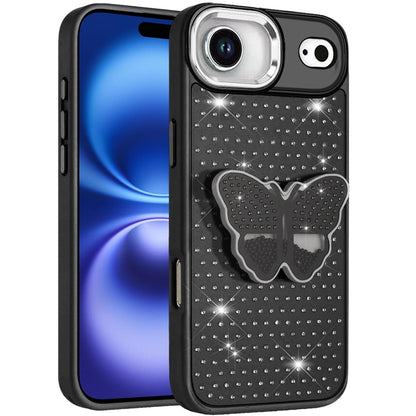 For Apple iPhone 17 Air (6.6") Butterfly Moveable Grip 3D Pop Stand Full Diamond Bling Sparkling TPU Fashion Hybrid Case Cover