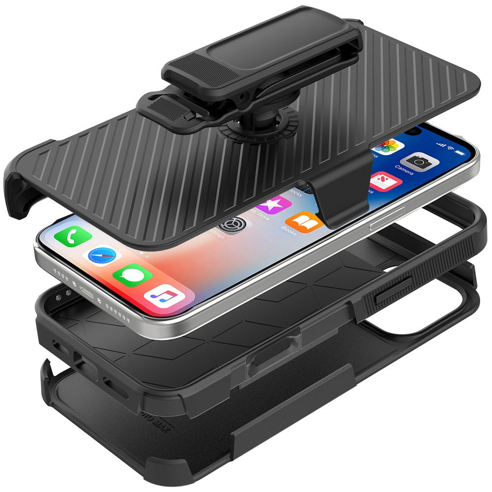 For Apple iPhone 16 Pro Max (6.9") Combo Hybrid lined with Belt Clip Holster Armor Shockproof Rugged Textured 2in1 Non Slip Tough Case Cover Black / Black