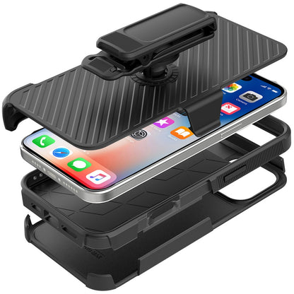 For Apple iPhone 16 Pro Max (6.9") Combo Hybrid lined with Belt Clip Holster Armor Shockproof Rugged Textured 2in1 Non Slip Tough Case Cover Black / Black