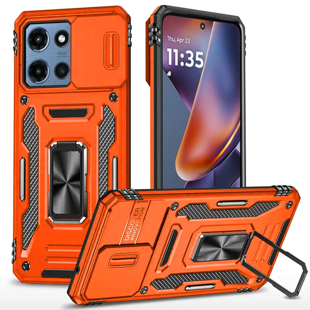For Motorola Moto G Play 5G 2026 Tough Hybrid Case with Movable Camera Window & Metal Ring Stand Shockproof Case Cover Cosmic Orange