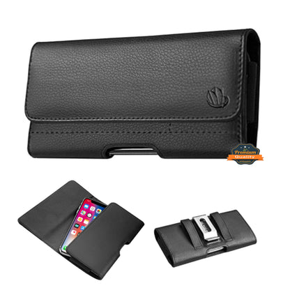 For Apple iPhone 16 (6.1") Universal PU Leather Horizontal Phone Pouch Holder Carrying Case With Fixed Belt Clip Holder, Magnetic Closure [Black]