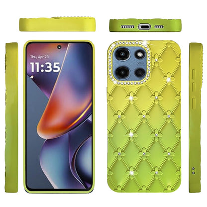 For Motorola Moto G 5G 2026/2025 Fashion Flower Design Sparkle Glitter Shimmer Rhinestone Bling Floral Accents, Leather Texture TPU Case Cover Light Green/Teal