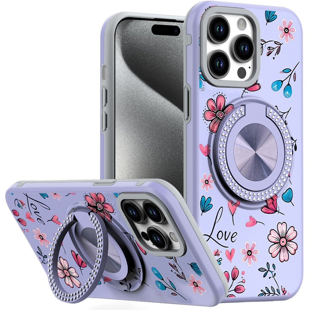 For Apple iPhone 16e Pattern Design Hybrid with Invisible Ring Stand & Magnetic Back, Shockproof Protective Grip Case Cover Love Flower