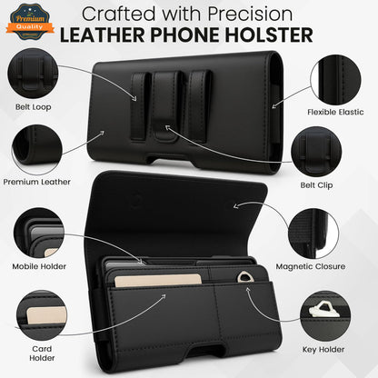 For Samsung Galaxy A17 5G Magnetic Leather Pouch with Belt Clip, Secure Magnetic Closure, Soft Lining, Card Holder Slot, Fits 6.5"- 7.0" Phones Case Cover Black