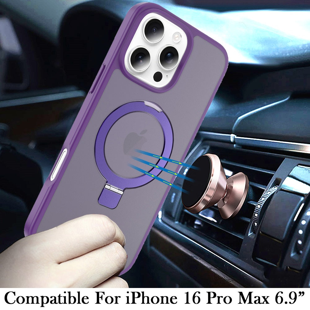 For iPhone 16 Pro Max (6.9") Magnetic Circle Back with Ring Stand Full Rotation Matte Hybrid Shockproof Protector