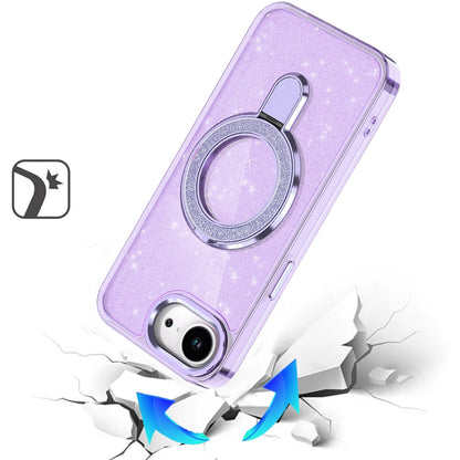 For Apple iPhone 16e Transparent Glitter Bling Case with Rotating Magnetic Ring Stand, Shockproof Hybrid Case Cover