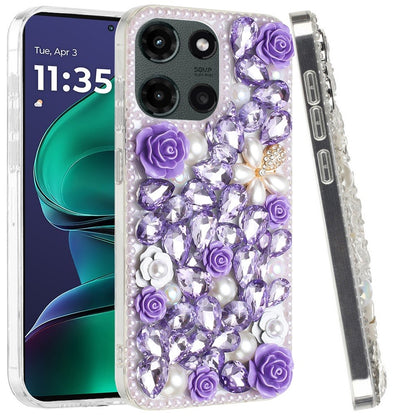 For Motorola Moto G Stylus 5G 2025 Fashion Rose Flower Floral Bling Crystal 3D Full Diamonds Pearl Sparkle Rhinestone Glitter Hybrid Case Cover