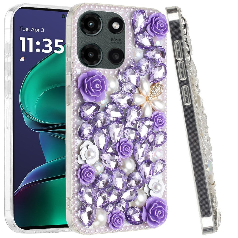 For Motorola Moto G Stylus 5G 2025 Fashion Rose Flower Floral Bling Crystal 3D Full Diamonds Pearl Sparkle Rhinestone Glitter Hybrid Case Cover