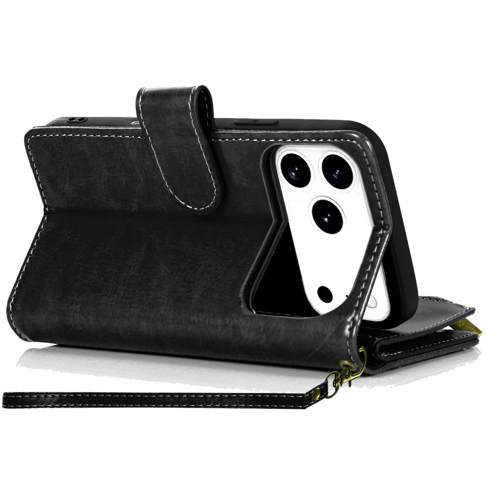 For Apple iPhone 17 Pro Max (6.9") Leather Wallet Case with Zipper, 9 Card Slots, Cash Pocket, Stand & Strap, Clutch Pouch Design Case Cover