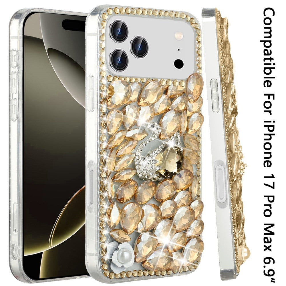 For Apple iPhone 17 Pro Max (6.9") Bling Crystal 3D Full Diamonds Luxury Sparkle Rhinestone Hybrid Protective Case Cover