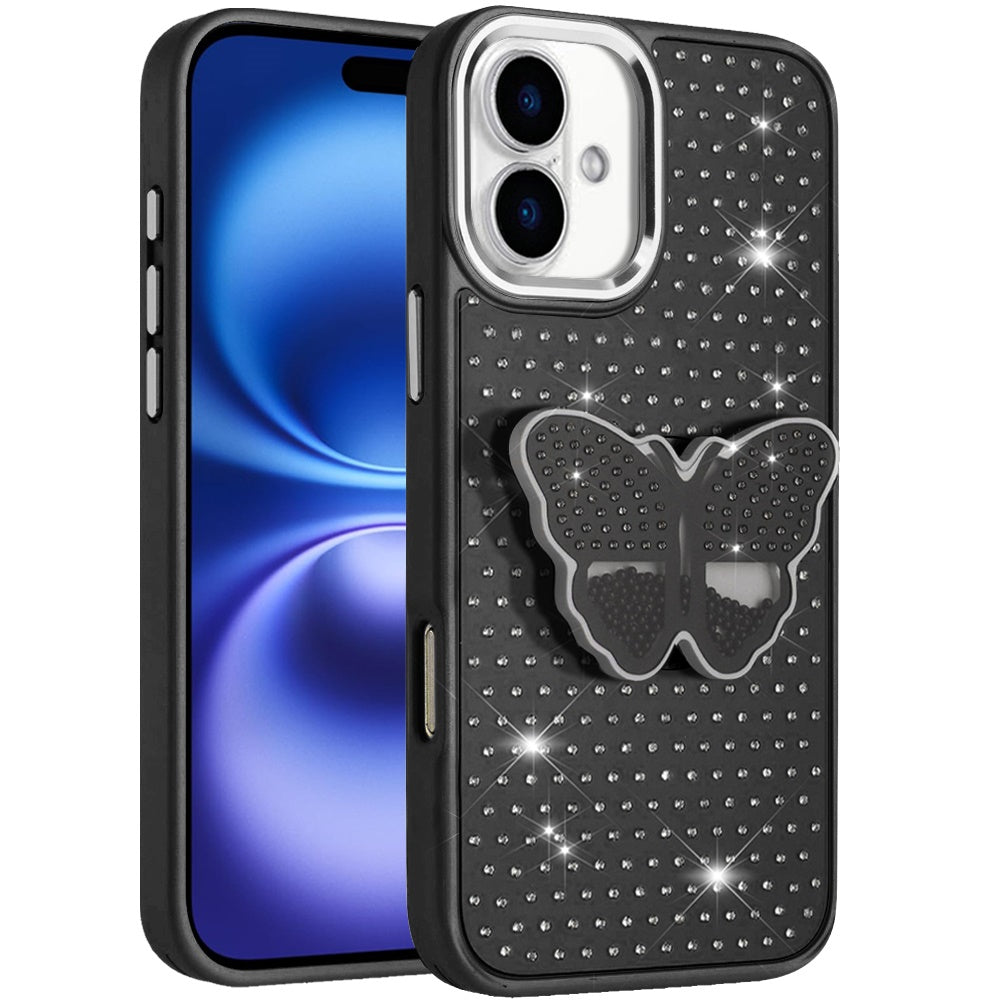 For Apple iPhone 17 (6.3") Butterfly Moveable Grip 3D Pop Stand Full Diamond Bling Sparkling TPU Fashion Hybrid Case Cover