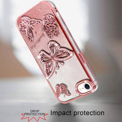 For Apple iPhone 17E /16E Luxury Butterfly Sparkle Glitter Diamond Crystal Rhinestone Shimmer Bling Plating Thick TPU Hard PC Case Cover Rose Gold