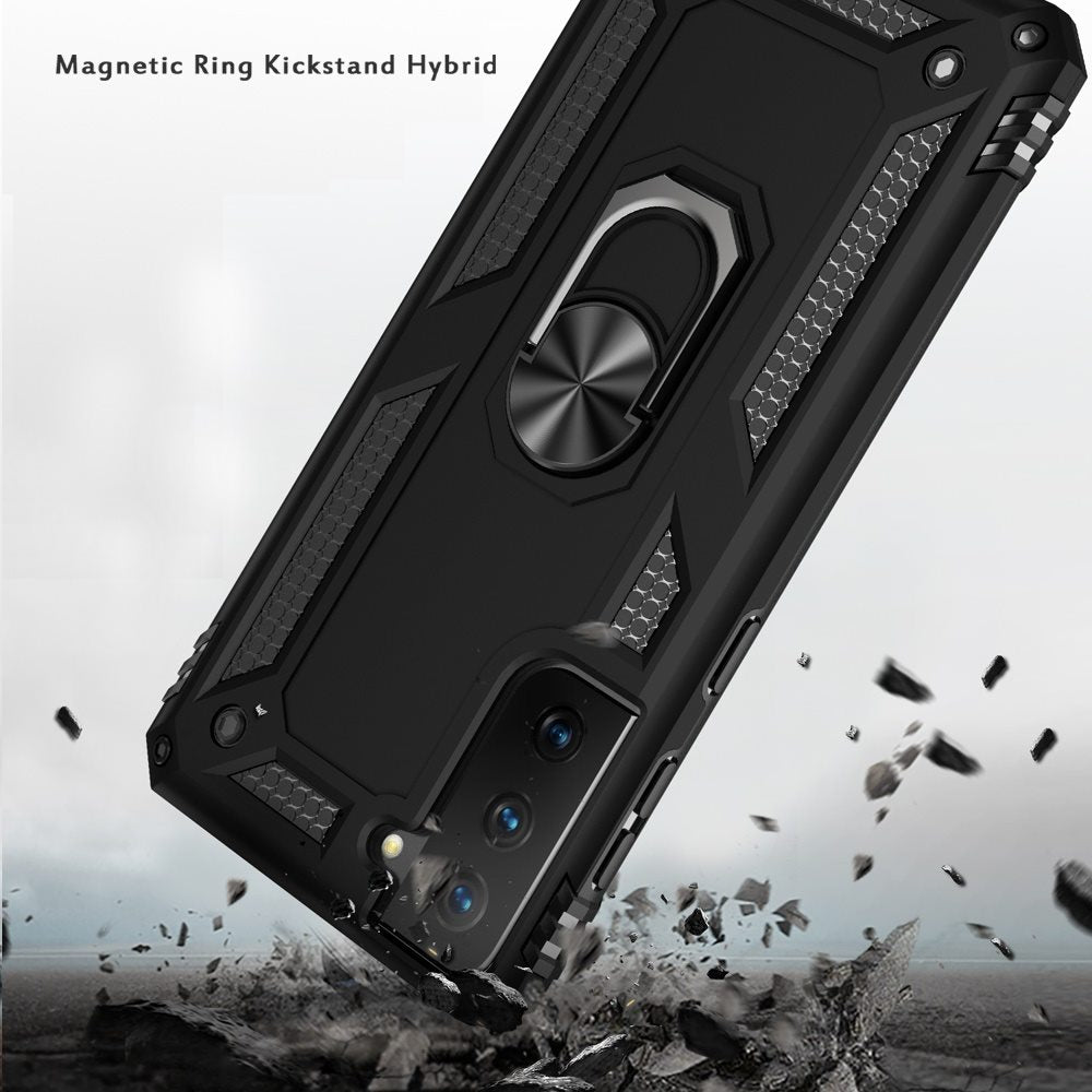 For Samsung Galaxy S21 Ultra Hybrid Shockproof Durable 360 Degree Rotatable Ring Stand Holder Kickstand Fit Magnetic Car Mount Case Cover Black