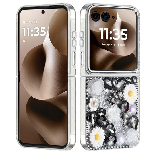 For Motorola Razr Ultra 2025 Fashion Daisy Floral Series, Full 3D Bling Crystal Diamonds Sparkling Rhinestone Glitter Hybrid Design Case Cover