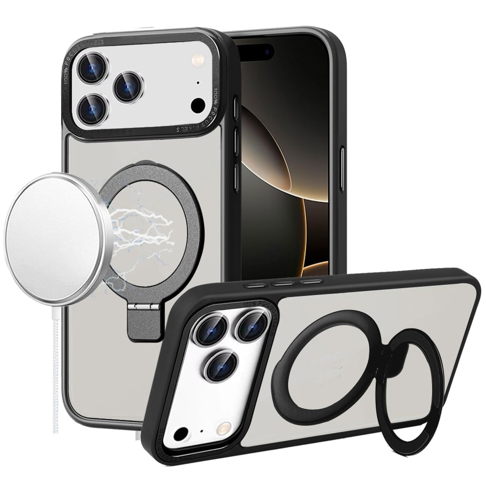 For Apple iPhone 17 Pro (6.3") Magnetic Metal Matte with Built-in MagSafe Stand, Hybrid Shockproof Armor, TPU Frame Case Cover Black