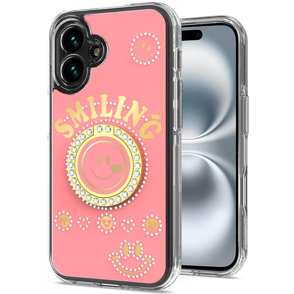For Apple iPhone 16 Plus (6.7") Smiling Glitter Ornament Bling Sparkle with Ring Stand Hybrid Slim TPU + Hard Back Shell Case Cover