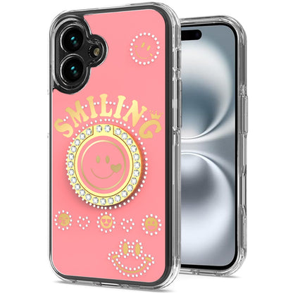 For Apple iPhone 16 Plus (6.7") Smiling Glitter Ornament Bling Sparkle with Ring Stand Hybrid Slim TPU + Hard Back Shell Case Cover