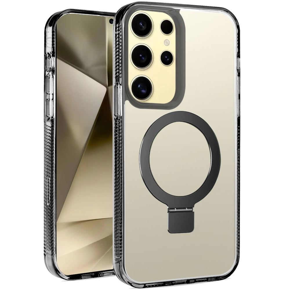 For Samsung Galaxy S22+ Plus 5G Transparent Magnetic Ring Circle Stand with MagSafe Compatible Hybrid Dotted Edged Hard PC Shockproof Case Cover Black