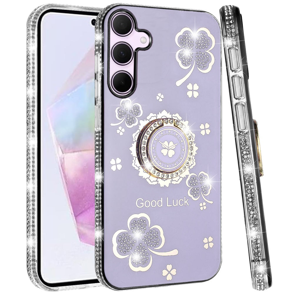 For Samsung Galaxy A37 Diamonds Bling All Around Edges Sparkly Glitter Hybrid with Ring Stand Holder Fashion Good Luck Case Cover